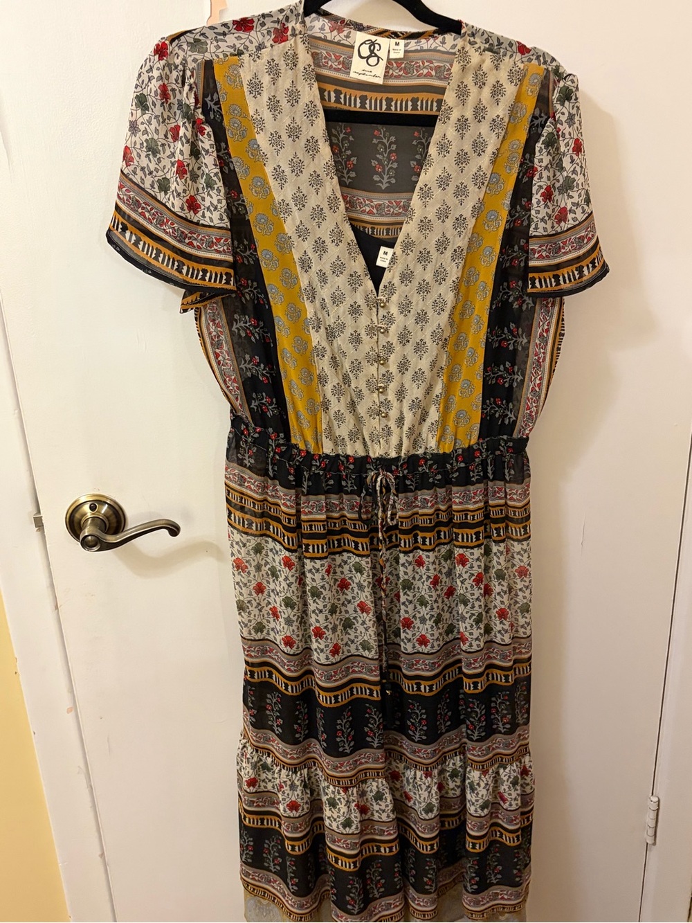 Anthropologie Boho-Print Midi Dress in Cream, Black, Mustard and Red
